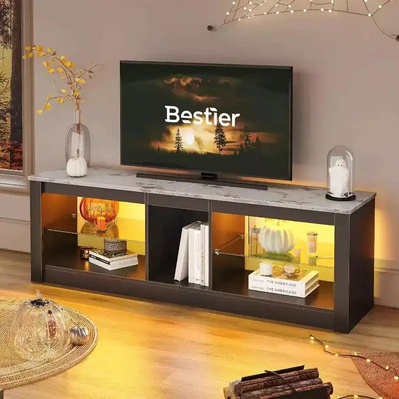 Meuble TV Bestier pour téléviseurs jusqu'à 70 pouces avec lumières LED, meuble de divertissement pour PS5 avec étagères