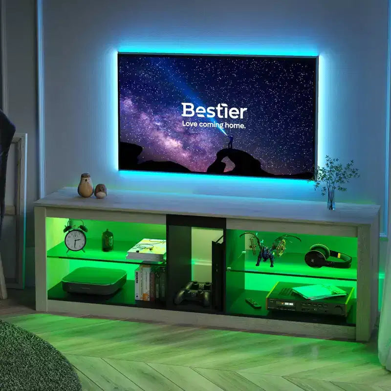 Meuble TV Bestier pour téléviseurs jusqu'à 70 pouces avec lumières LED, meuble de divertissement pour PS5 avec étagères