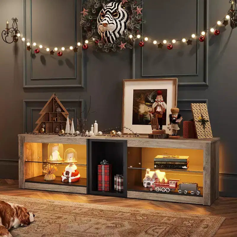 Meuble TV Bestier pour téléviseurs jusqu'à 70 pouces avec lumières LED, meuble de divertissement pour PS5 avec étagères