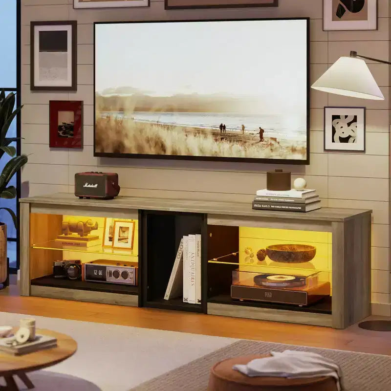 Meuble TV Bestier pour téléviseurs jusqu'à 70 pouces avec lumières LED, meuble de divertissement pour PS5 avec étagères