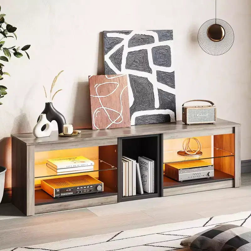 Meuble TV Bestier pour téléviseurs jusqu'à 70 pouces avec lumières LED, meuble de divertissement pour PS5 avec étagères