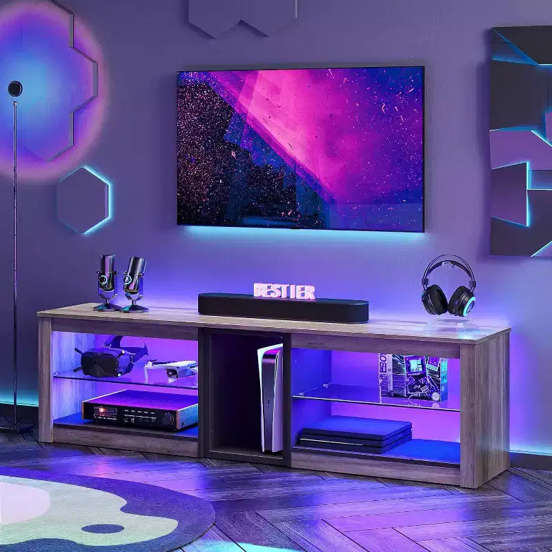 Meuble TV Bestier pour téléviseurs jusqu'à 70 pouces avec lumières LED, meuble de divertissement pour PS5 avec étagères