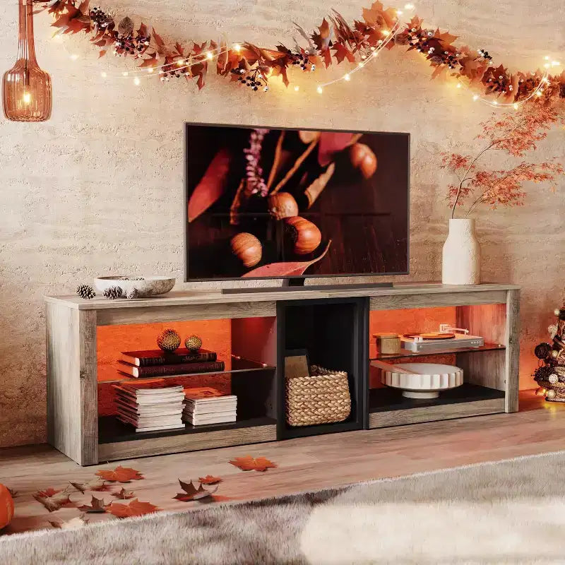 Meuble TV Bestier pour téléviseurs jusqu'à 70 pouces avec lumières LED, meuble de divertissement pour PS5 avec étagères