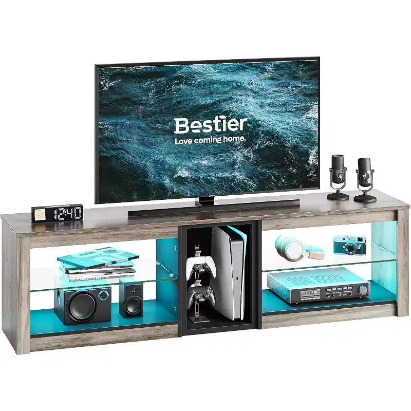 Meuble TV Bestier pour téléviseurs jusqu'à 70 pouces avec lumières LED, meuble de divertissement pour PS5 avec étagères