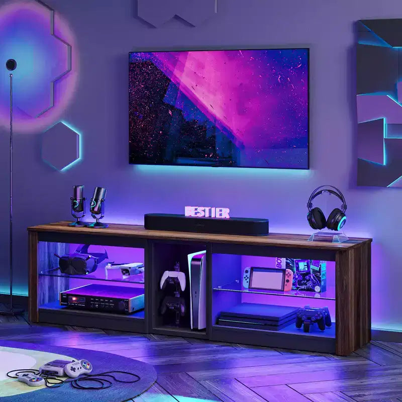 Meuble TV Bestier pour téléviseurs jusqu'à 70 pouces avec lumières LED, meuble de divertissement pour PS5 avec étagères