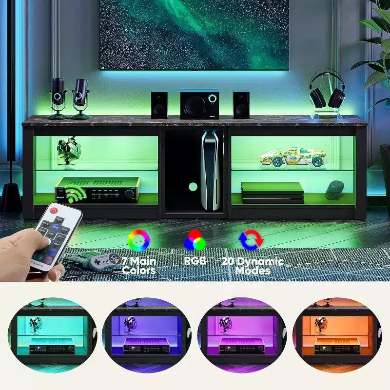 Meuble TV Bestier pour téléviseurs jusqu'à 70 pouces avec lumières LED, meuble de divertissement pour PS5 avec étagères