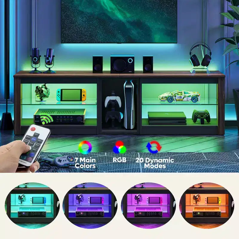 Meuble TV Bestier pour téléviseurs jusqu'à 70 pouces avec lumières LED, meuble de divertissement pour PS5 avec étagères