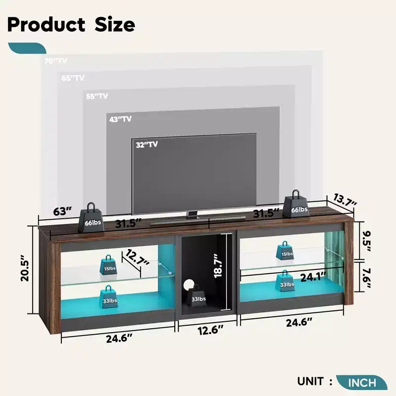 Meuble TV Bestier pour téléviseurs jusqu'à 70 pouces avec lumières LED, meuble de divertissement pour PS5 avec étagères