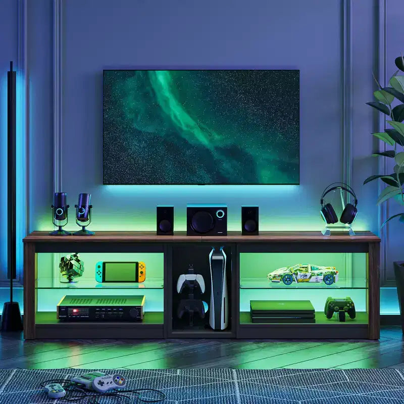 Meuble TV Bestier pour téléviseurs jusqu'à 70 pouces avec lumières LED, meuble de divertissement pour PS5 avec étagères