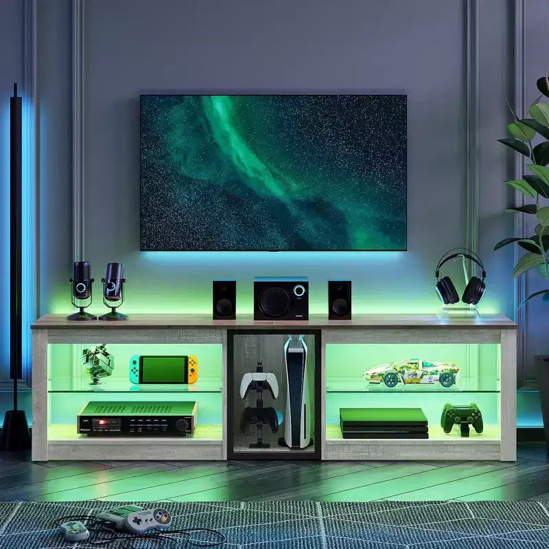 Meuble TV Bestier pour téléviseurs jusqu'à 70 pouces avec lumières LED, meuble de divertissement pour PS5 avec étagères