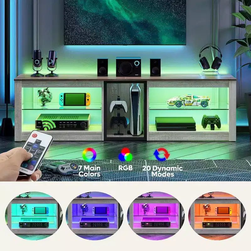 Meuble TV Bestier pour téléviseurs jusqu'à 70 pouces avec lumières LED, meuble de divertissement pour PS5 avec étagères