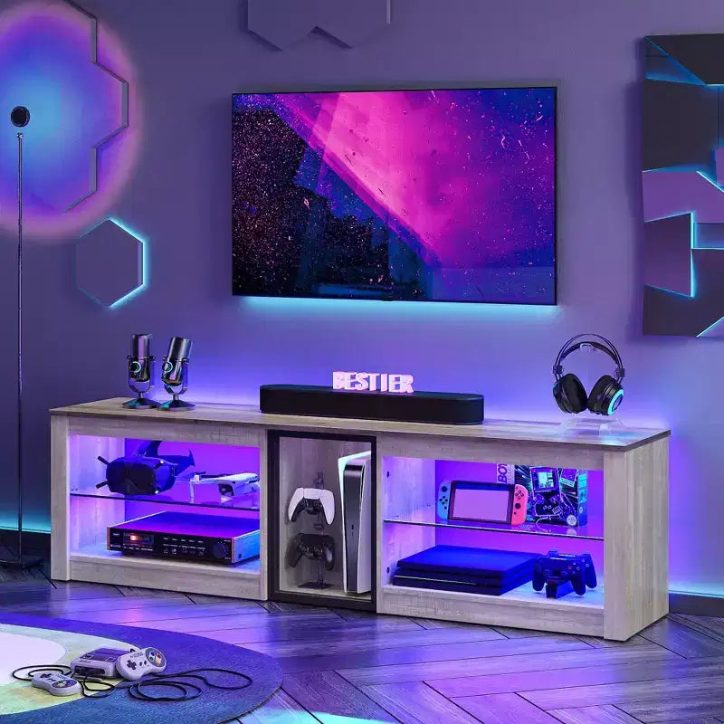 Meuble TV Bestier pour téléviseurs jusqu'à 70 pouces avec lumières LED, meuble de divertissement pour PS5 avec étagères