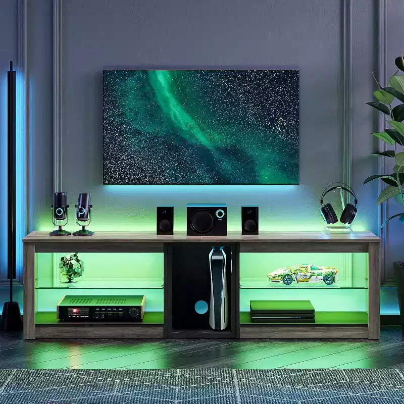 Meuble TV Bestier pour téléviseurs jusqu'à 70 pouces avec lumières LED, meuble de divertissement pour PS5 avec étagères