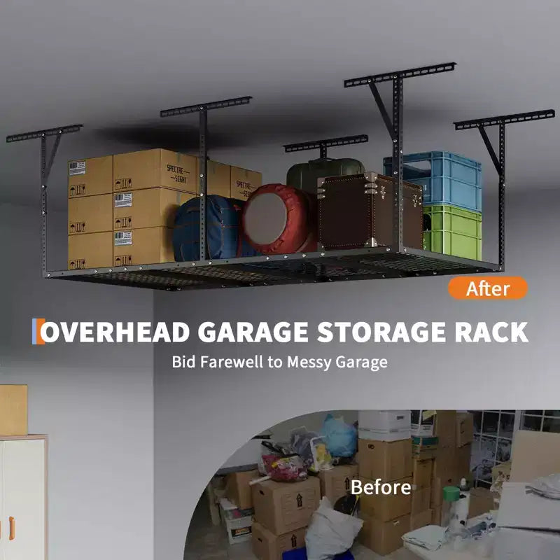 Rack de rangement de garage suspendu robuste Système d'étagères en acier à fixation au plafond (capacité de 272 kg, hauteur réglable, 1 pièce)