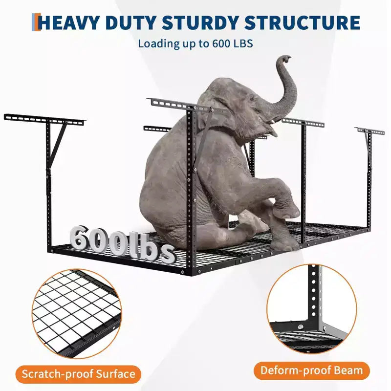 Rack de rangement de garage suspendu robuste Système d'étagères en acier à fixation au plafond (capacité de 272 kg, hauteur réglable, 1 pièce)
