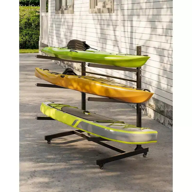 Support de rangement autoportant pour 4 kayaks, noir, robuste, avec roues mobiles pour canoë/SUP/planche de surf (rangement extérieur, 1 pièce)