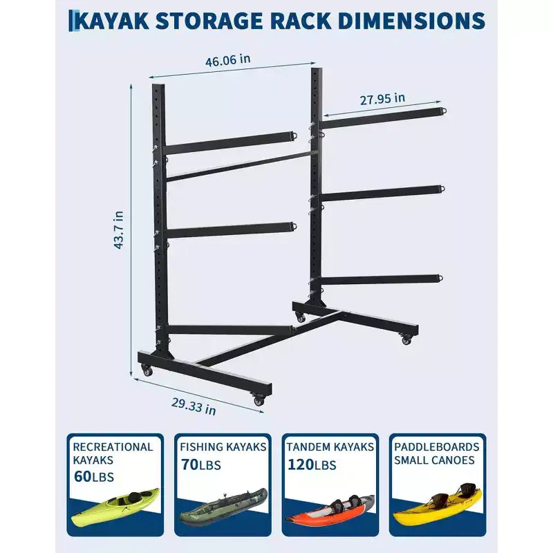 Support de rangement autoportant pour 4 kayaks, noir, robuste, avec roues mobiles pour canoë/SUP/planche de surf (rangement extérieur, 1 pièce)