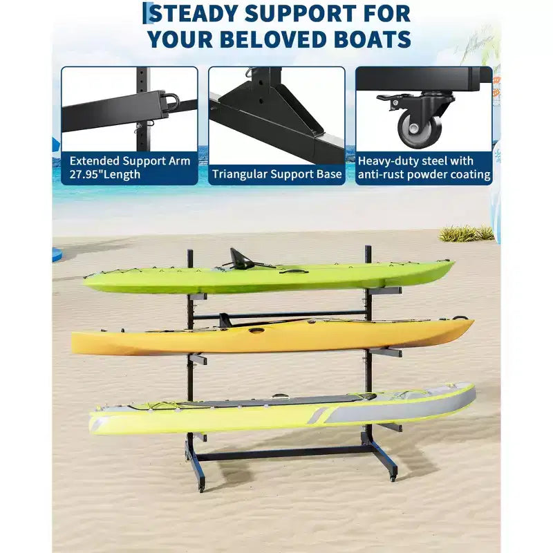 Support de rangement autoportant pour 4 kayaks, noir, robuste, avec roues mobiles pour canoë/SUP/planche de surf (rangement extérieur, 1 pièce)