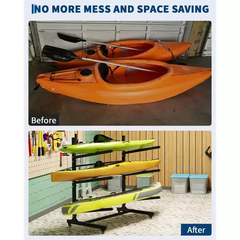 Support de rangement autoportant pour 4 kayaks, noir, robuste, avec roues mobiles pour canoë/SUP/planche de surf (rangement extérieur, 1 pièce)