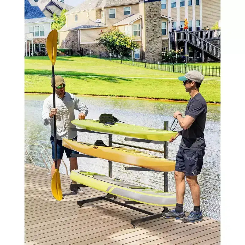 Support de rangement autoportant pour 4 kayaks, noir, robuste, avec roues mobiles pour canoë/SUP/planche de surf (rangement extérieur, 1 pièce)