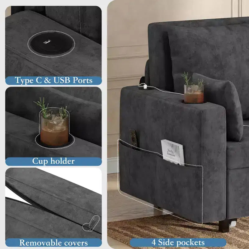 Canapé-lit convertible 3-en-1 avec revêtement en polyuréthane, canapé gigogne moderne pour salon, appartement et chambre d'amis