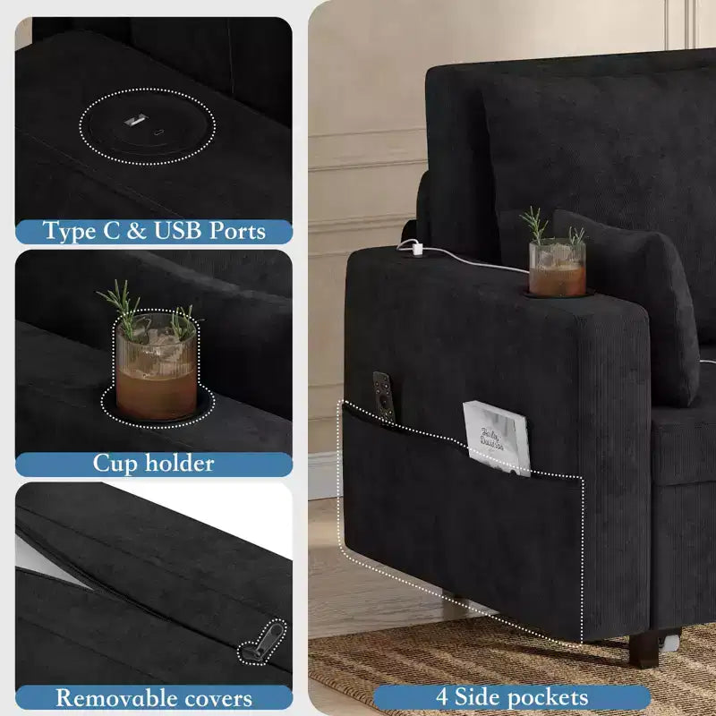 Canapé-lit convertible 3-en-1 avec revêtement en polyuréthane, canapé gigogne moderne pour salon, appartement et chambre d'amis