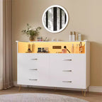 Coiffeuse de chambre avec éclairage LED et station de recharge, dotée de 6 tiroirs en bois et de 2 étagères, adaptée aux salons et aux entrées.