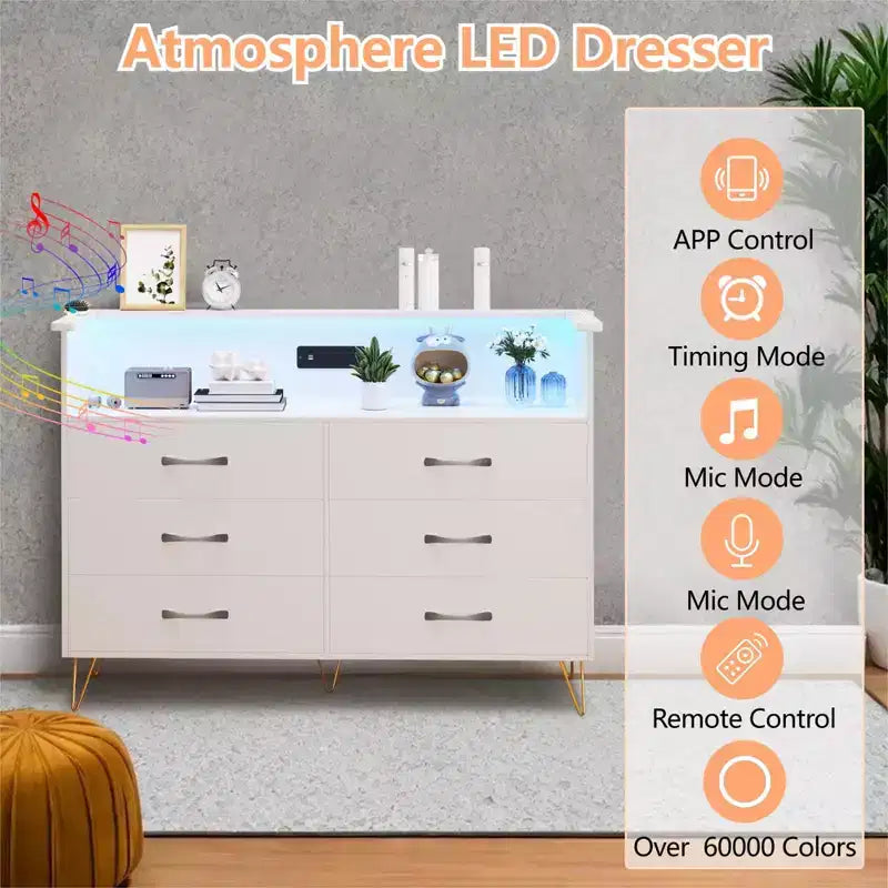 Coiffeuse de chambre avec éclairage LED et station de recharge, dotée de 6 tiroirs en bois et de 2 étagères, adaptée aux salons et aux entrées.