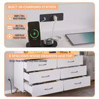 Coiffeuse de chambre avec éclairage LED et station de recharge, dotée de 6 tiroirs en bois et de 2 étagères, adaptée aux salons et aux entrées.