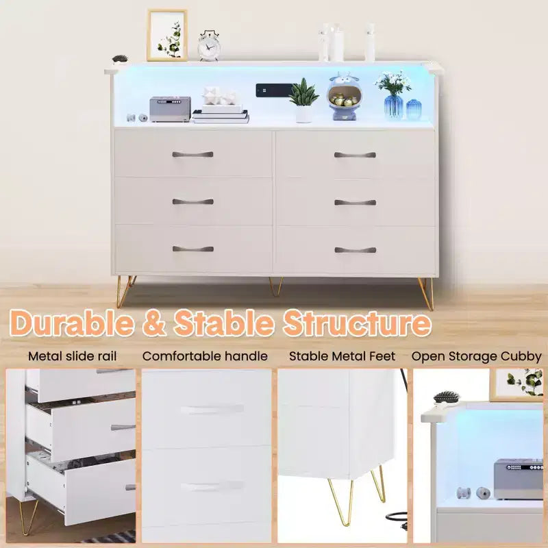 Coiffeuse de chambre avec éclairage LED et station de recharge, dotée de 6 tiroirs en bois et de 2 étagères, adaptée aux salons et aux entrées.
