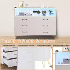 Coiffeuse de chambre avec éclairage LED et station de recharge, dotée de 6 tiroirs en bois et de 2 étagères, adaptée aux salons et aux entrées.