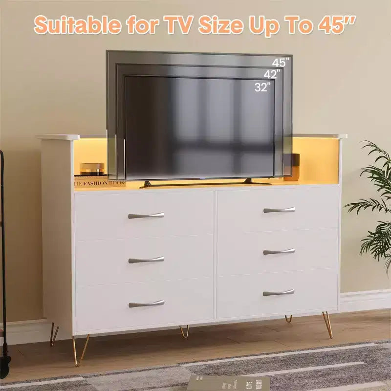 Coiffeuse de chambre avec éclairage LED et station de recharge, dotée de 6 tiroirs en bois et de 2 étagères, adaptée aux salons et aux entrées.