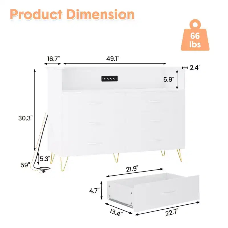 Coiffeuse de chambre avec éclairage LED et station de recharge, dotée de 6 tiroirs en bois et de 2 étagères, adaptée aux salons et aux entrées.