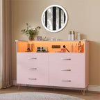 Coiffeuse de chambre avec éclairage LED et station de recharge, dotée de 6 tiroirs en bois et de 2 étagères, adaptée aux salons et aux entrées.