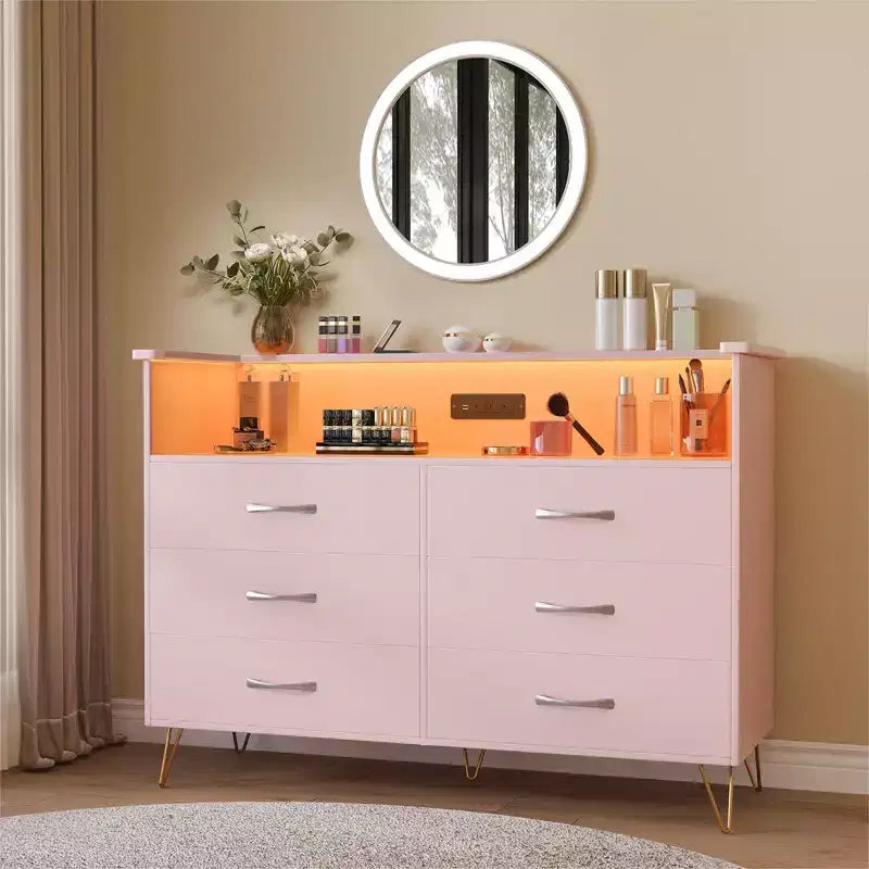 Coiffeuse de chambre avec éclairage LED et station de recharge, dotée de 6 tiroirs en bois et de 2 étagères, adaptée aux salons et aux entrées.