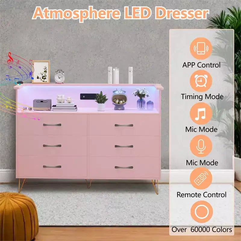 Coiffeuse de chambre avec éclairage LED et station de recharge, dotée de 6 tiroirs en bois et de 2 étagères, adaptée aux salons et aux entrées.
