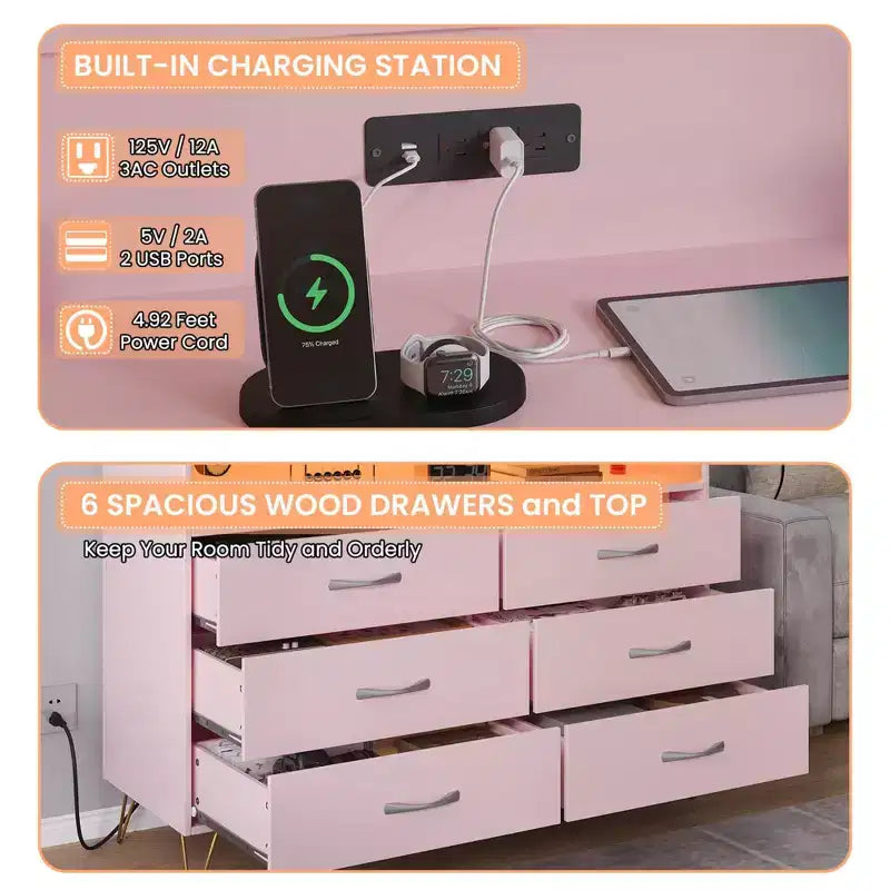Coiffeuse de chambre avec éclairage LED et station de recharge, dotée de 6 tiroirs en bois et de 2 étagères, adaptée aux salons et aux entrées.