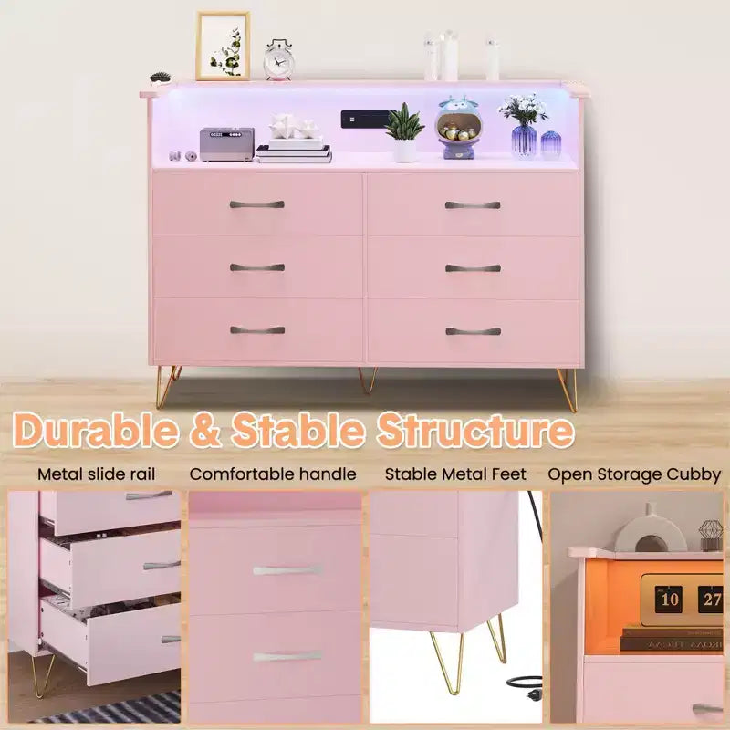 Coiffeuse de chambre avec éclairage LED et station de recharge, dotée de 6 tiroirs en bois et de 2 étagères, adaptée aux salons et aux entrées.