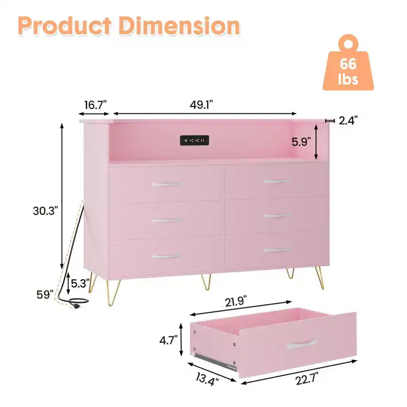 Coiffeuse de chambre avec éclairage LED et station de recharge, dotée de 6 tiroirs en bois et de 2 étagères, adaptée aux salons et aux entrées.