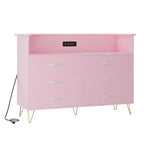 Bedroom vanity with LED lighting and charging station, featuring 6 wooden drawers and 2 tiers of shelving, suitable for living rooms and entryways.