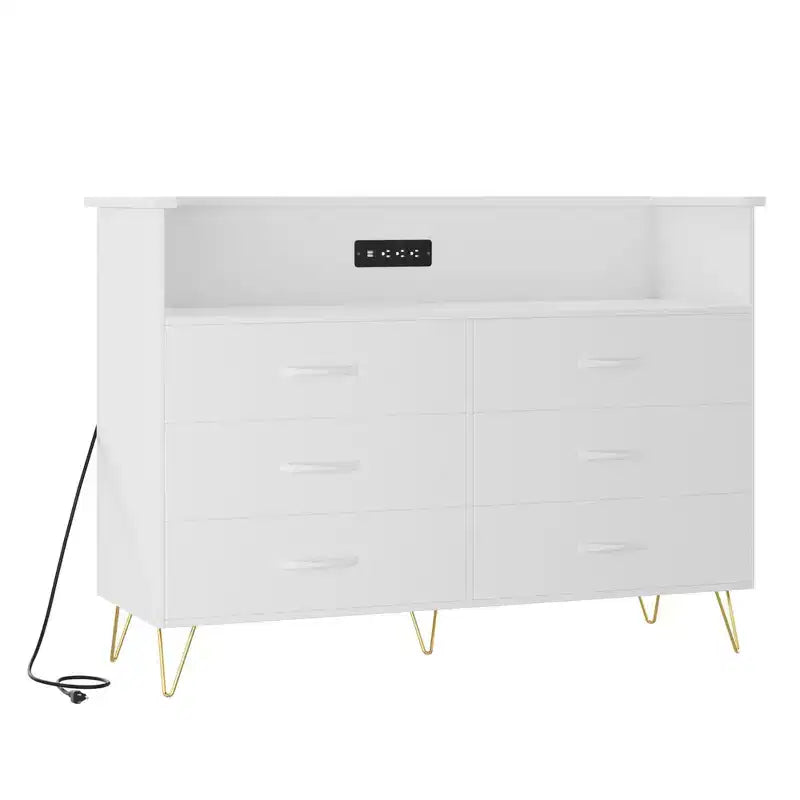 Coiffeuse de chambre avec éclairage LED et station de recharge, dotée de 6 tiroirs en bois et de 2 étagères, adaptée aux salons et aux entrées.
