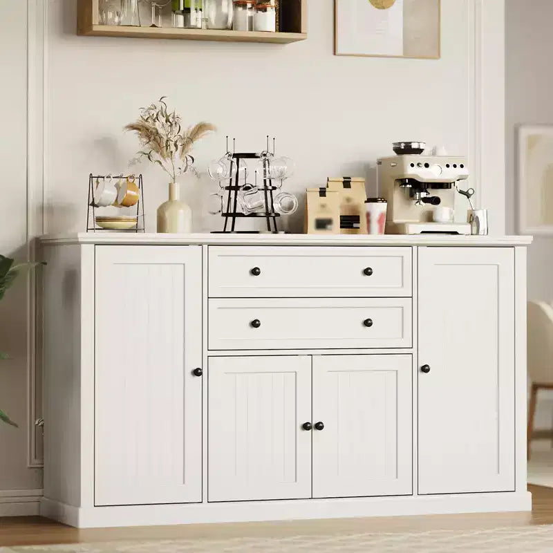 Farmhouse 58 Sideboard Buffet Cabinet with Storage, Sideboard Cabinet with 2 Drawers and 4 Grooved Barn Doors, Wood Coffee Bar Cabinet