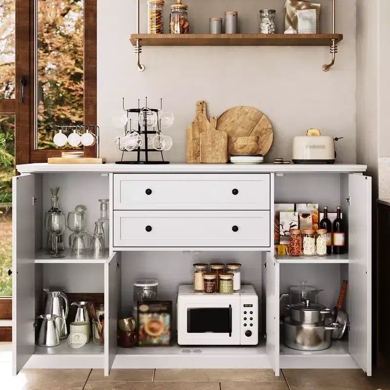 Buffet de salle à manger Farmhouse 58 avec rangements, buffet avec 2 tiroirs et 4 portes de grange rainurées, meuble bar à café en bois