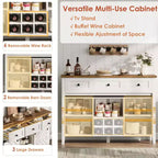 Buffet de ferme 47,2'' avec porte coulissante, Buffet rustique en bois de 33,4'' de hauteur avec 3 tiroirs, étagère réglable et casier à vin amovible