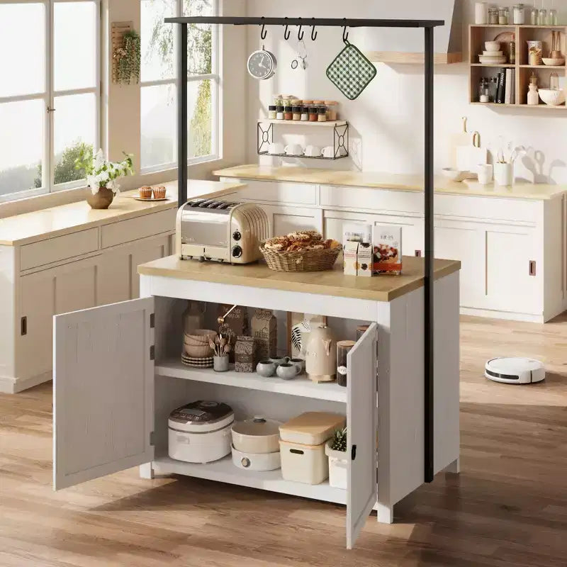 Îlot de cuisine avec rangement 107 cm – Chariot de cuisine robuste, îlot de cuisine mobile avec étagères à 2 niveaux et 5 crochets, plan de travail en bois massif pour petits espaces