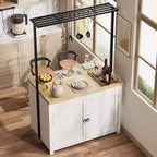 Îlot de cuisine avec rangement 107 cm – Chariot de cuisine robuste, îlot de cuisine mobile avec étagères à 2 niveaux et 5 crochets, plan de travail en bois massif pour petits espaces