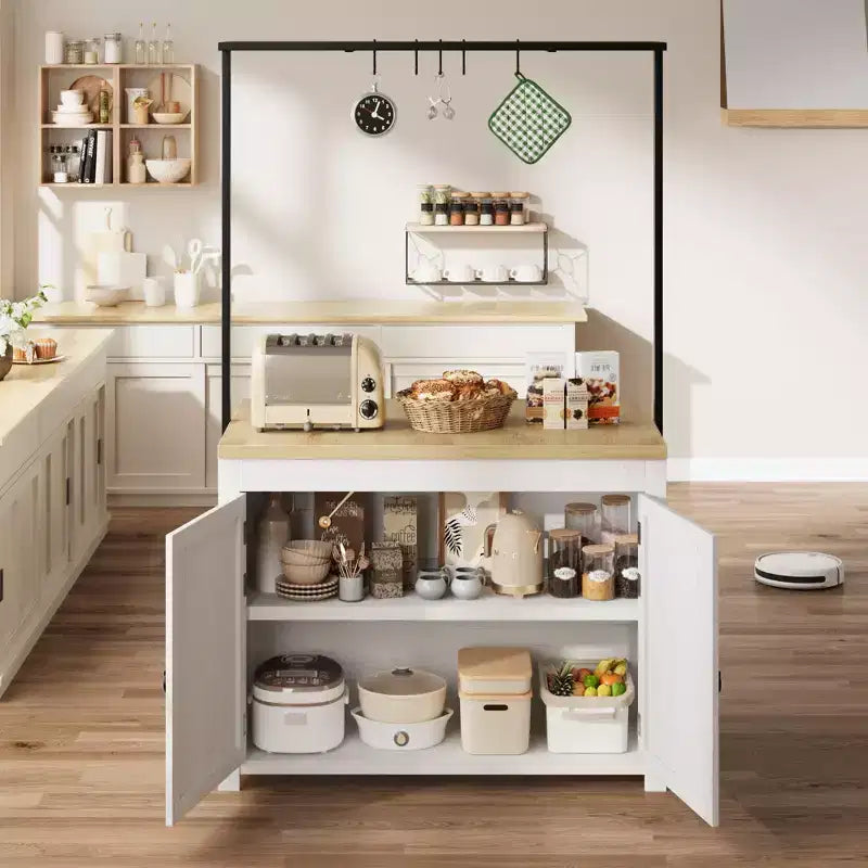 Îlot de cuisine avec rangement 107 cm – Chariot de cuisine robuste, îlot de cuisine mobile avec étagères à 2 niveaux et 5 crochets, plan de travail en bois massif pour petits espaces