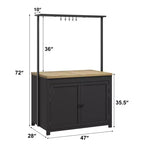 Îlot de cuisine avec rangement 107 cm – Chariot de cuisine robuste, îlot de cuisine mobile avec étagères à 2 niveaux et 5 crochets, plan de travail en bois massif pour petits espaces