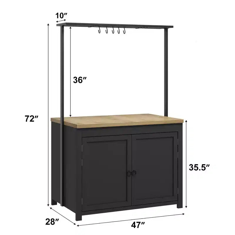 Îlot de cuisine avec rangement 107 cm – Chariot de cuisine robuste, îlot de cuisine mobile avec étagères à 2 niveaux et 5 crochets, plan de travail en bois massif pour petits espaces