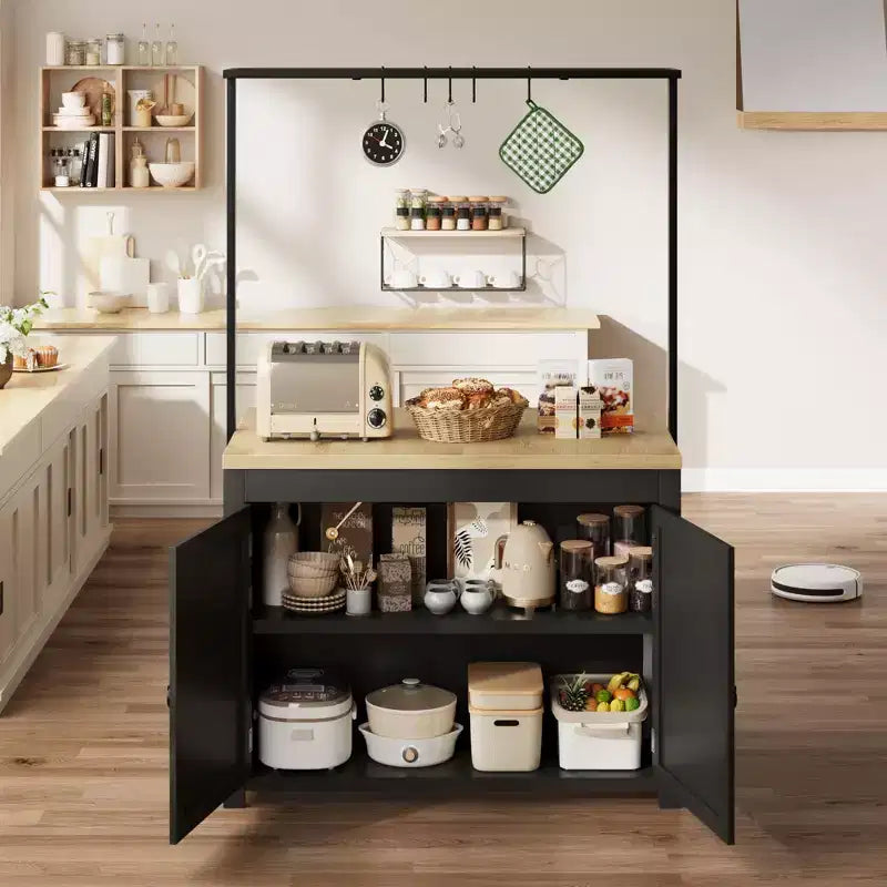Îlot de cuisine avec rangement 107 cm – Chariot de cuisine robuste, îlot de cuisine mobile avec étagères à 2 niveaux et 5 crochets, plan de travail en bois massif pour petits espaces
